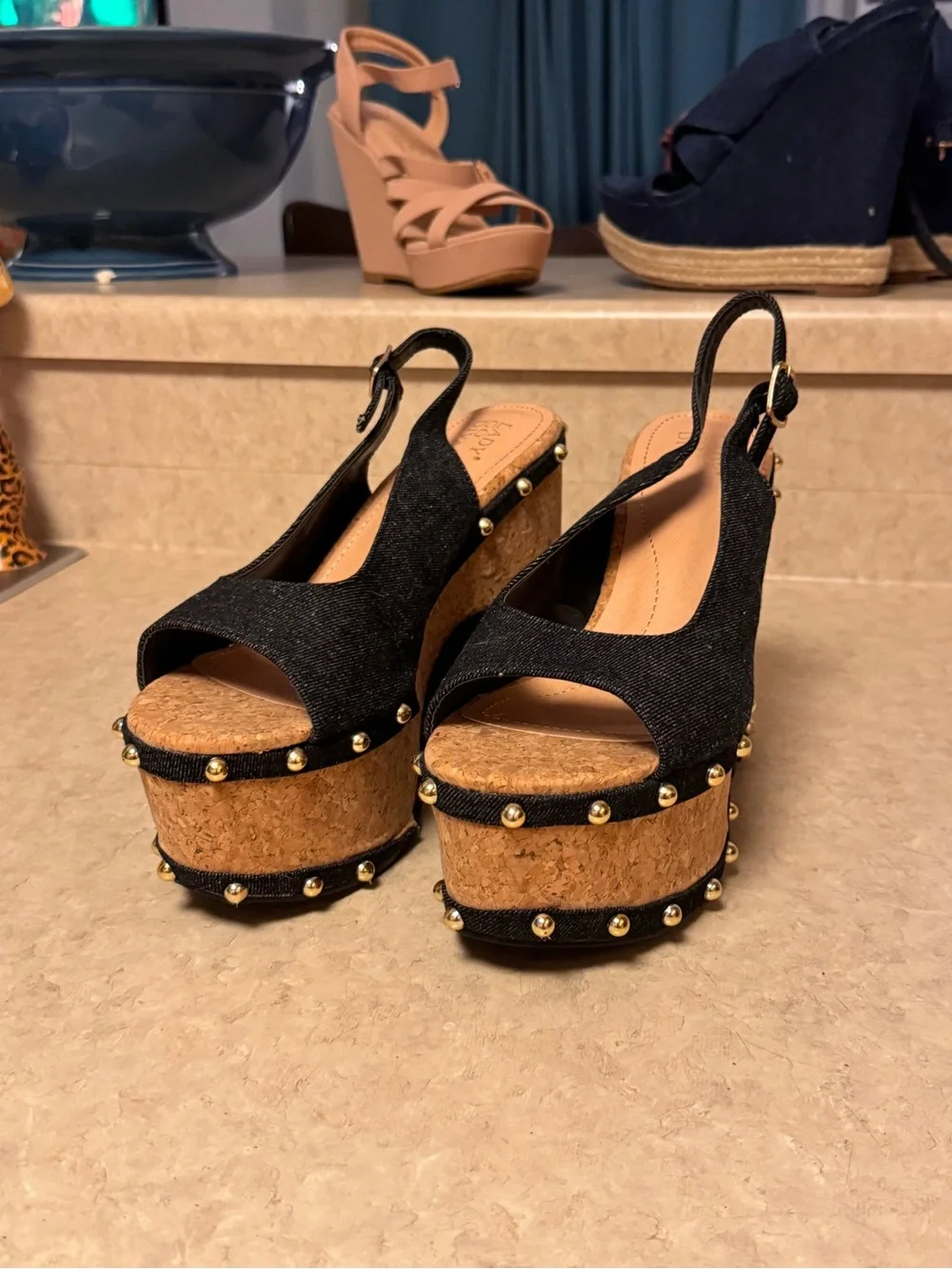 Black Canvas Cork heel Platform Slingback Heels with Stud Detail
